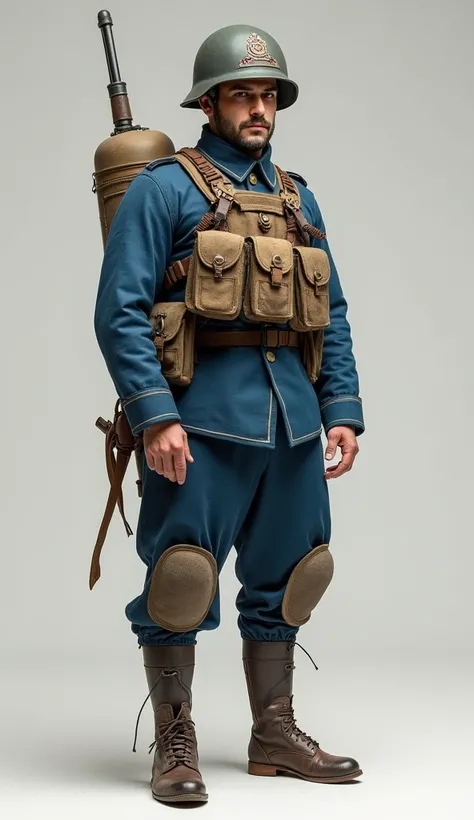 soldier,  standing full-length ,  dressed in blue uniform ,  blue pants with tactical knee pads,  wearing a tactical vest ,  wearing a tactical military helmet , 1916-1919 style , 