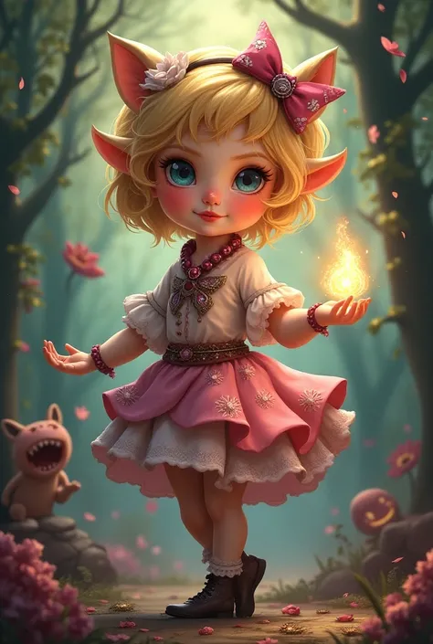 Create an illustration of Velia, the  goddess of pranks, embodying a cherubic yet cunning demeanor. She appears youthful with bright, playful features, expressive eyes, and a mischievous smile. Adorn her in whimsical attire that hints at both innocence and...