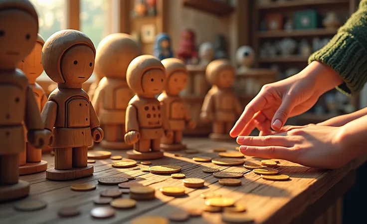 There are hands of people buying wooden dolls and coins are placed on the counter in the wooden doll collection shop with rens fairy tale lines.