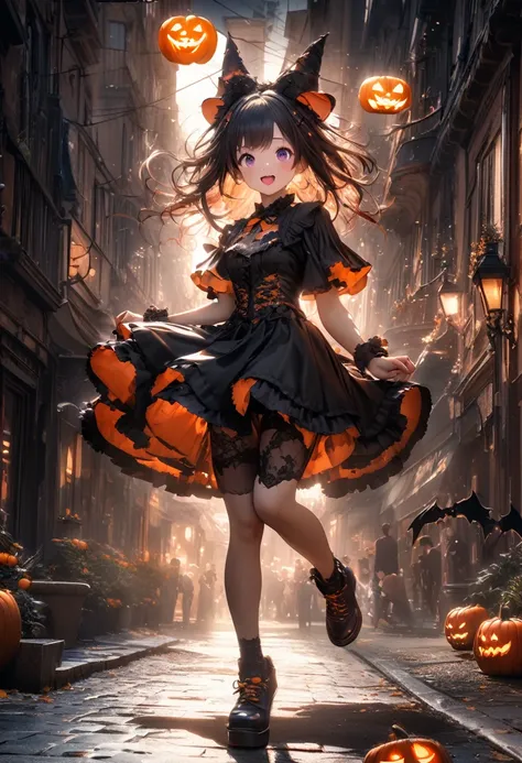 conceptual installation fantasy art, kawaii chibi characters of boys and girls, Hello Happy Halloween, excited, joy, jumping up, purple, orange, illuminated lines, background black and white residential streetscape, various effects, delicate and dynamic te...