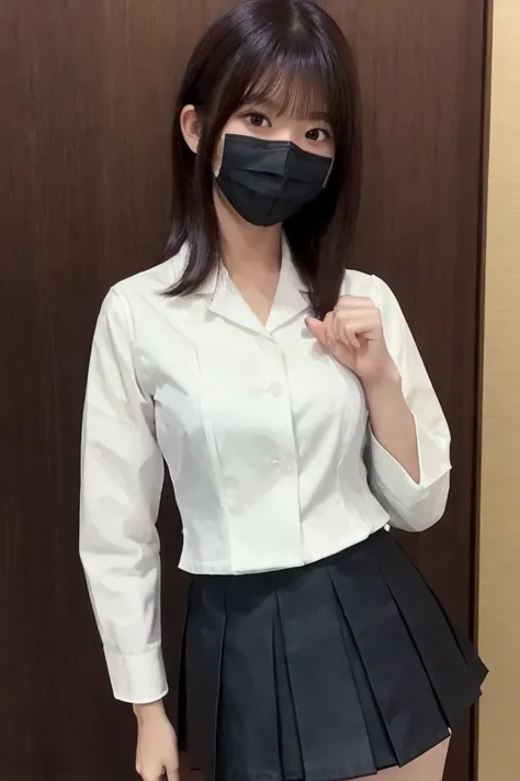 Gravure idol pose　Hotel　bed　uniform　 white shirt　High image quality　Not too small bust　Black Mini Skirt　Shorten your skirt 　Beautiful legs　Beautiful Hair　Height: 167cm　　mask
