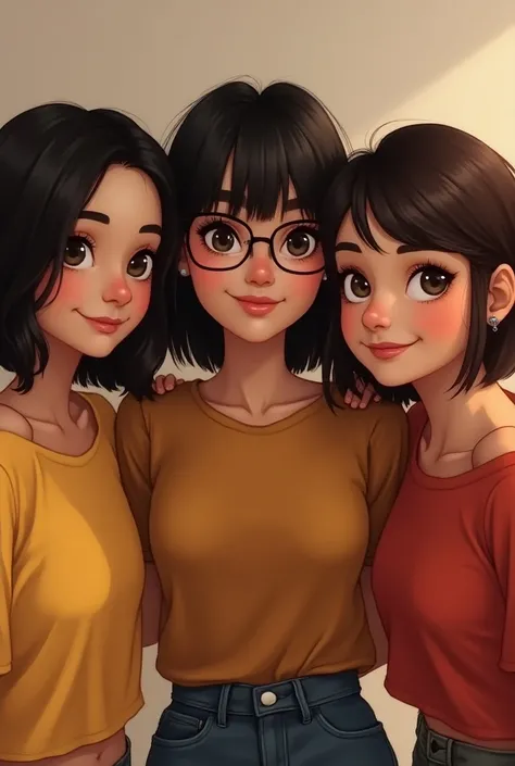 Isabella, Amanda and Isidora friends 

That Isidora wears glasses and has short, black hair and a nose piercing a little dot

Isabella medium long brown hair

Amanda very short dark brown hair and lip and eyebrow piercing without lenses

The only one with ...