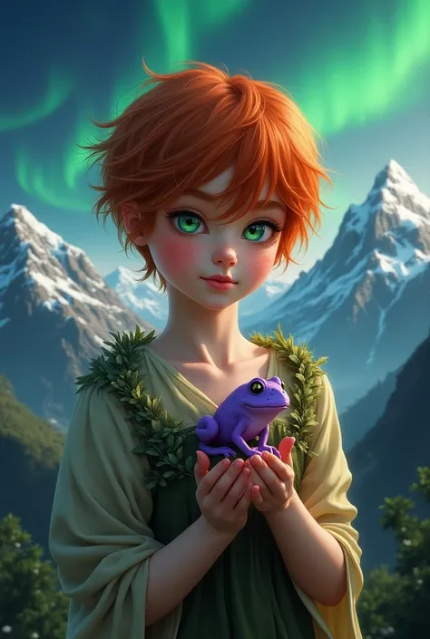 Redhaired adult fae, frecles, green eyes, short hair, mouintain background with northern lights in the sky, holding a purple frog