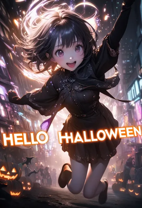 conceptual installation fantasy art, kawaii chibi characters of boys and girls, Hello Happy Halloween, excited, joy, jumping up, purple, orange, illuminated lines, background black and white residential streetscape, various effects, delicate and dynamic te...