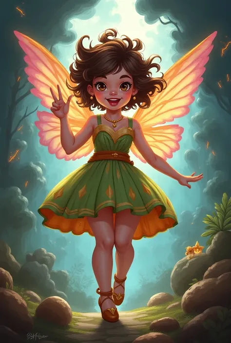 Create an illustration of Velia, the  goddess of pranks, embodying a cherubic yet cunning demeanor. She appears youthful with bright, playful features, expressive eyes, and a mischievous smile. Adorn her in whimsical attire that hints at both innocence and...