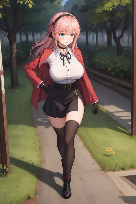 (( masterpiece)),( The best quality ),official art,  Extremely detailed CG ,  8k unit wallpaper ,ultra detailed, path, dark forest, by day, 1 girl, Alone, walking,  front view,  looking at the spectator, you live(at ATM),neck ribbon, draw smile, Blue eyes,...