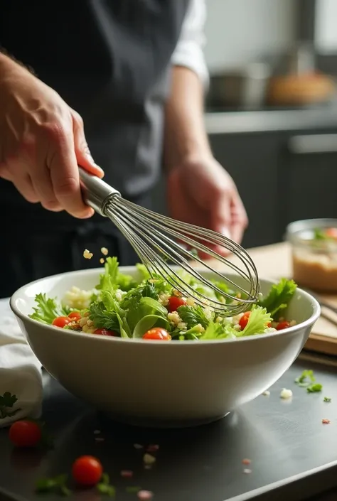 A  mixing with a whisk in a salad bowl