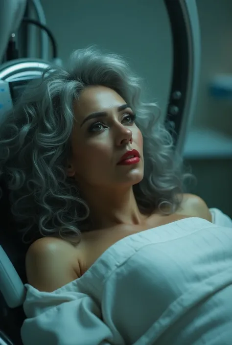 A beautiful youthful looking fit and big gray haired Mexican woman with long her comple tely gray hair in a big curls styles wearing a lot of makeup with red lipstick Wearing a bathrobe in a mri looking machine that is draining her life force because she w...