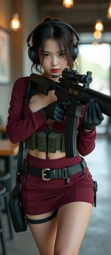 ((best quality)), photorealistic, photorealism, Photorealistic, high resolution, 1girl aiming with an assault rifle, Beautiful, Baby Face, 20 Years Old, White Skin, pale skin, Large Breasts, huge breast, Combat pose, looking at the camera, (Detailed face),...