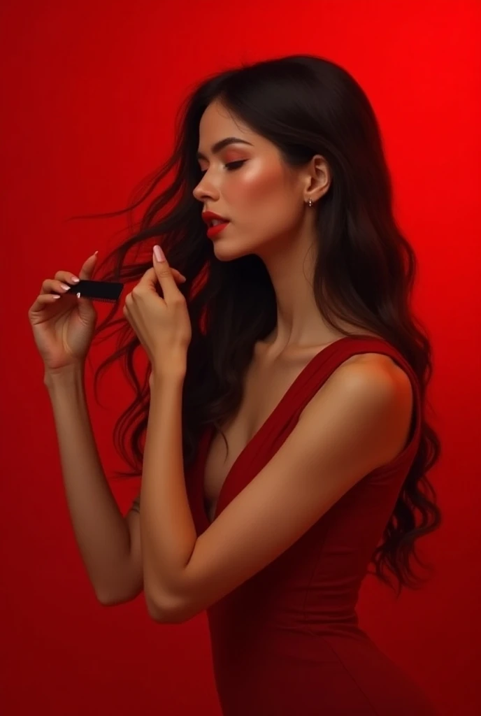 Woman combing her hair with red background 