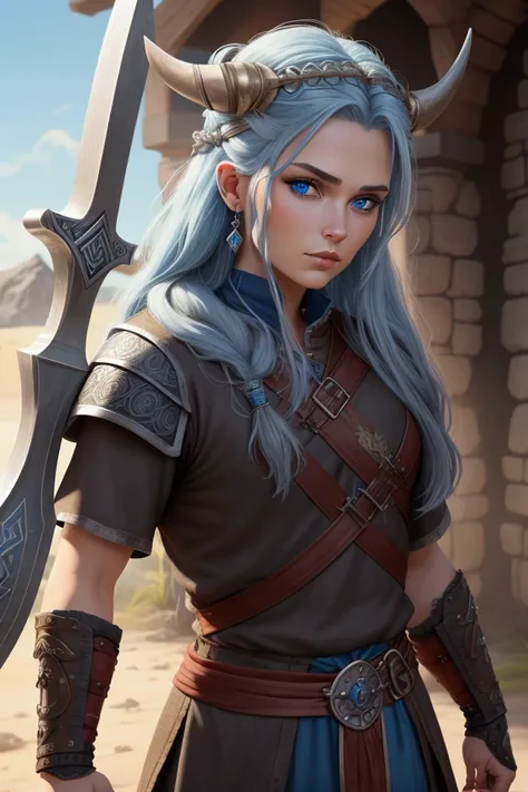 Create a fair-haired character with sky blue eyes with a Viking axe and Viking clothes