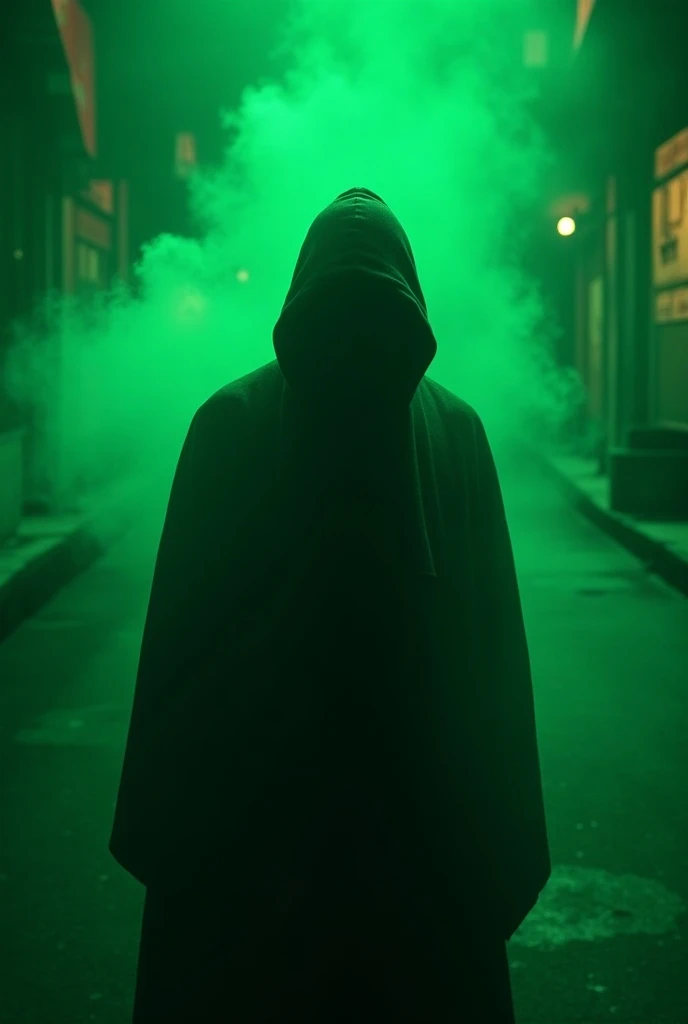 Guy in hood and smoke smoldering neon green light street background road