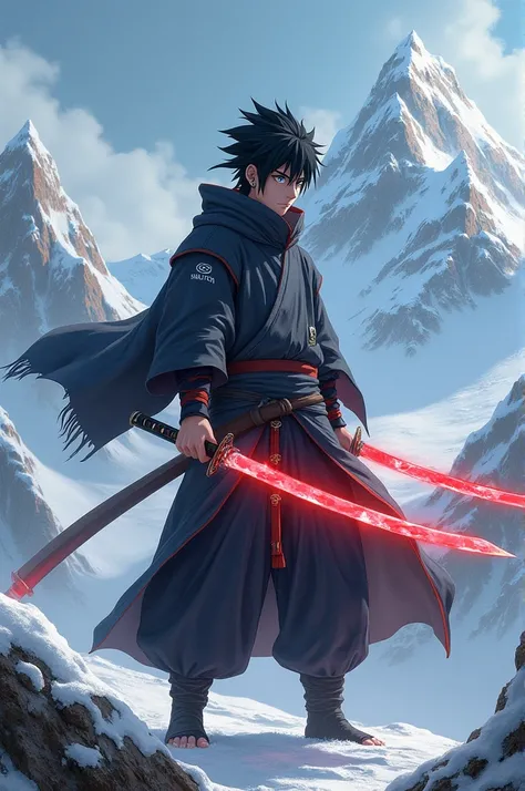 Give me an image of a man with Sasuke hair in Boruto wearing a shinobi costume and with two katanas in his hands that have red energy on an arctic art mountain with snow and states in his ear 