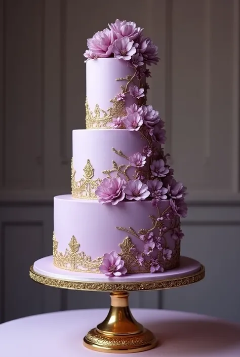 Light purple cake, with purple flowers and lots of gold details, 3 floors