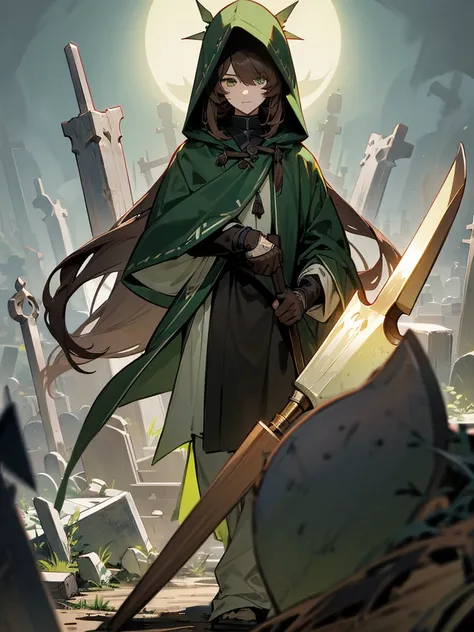 male　tall　Brown long hair　Green Eyes　 one eye is hidden by hair 　 hooded 　Grave keeper clothes 　 has a large shovel　lanthanum　Graveyard Background　 Dark Fantasy 