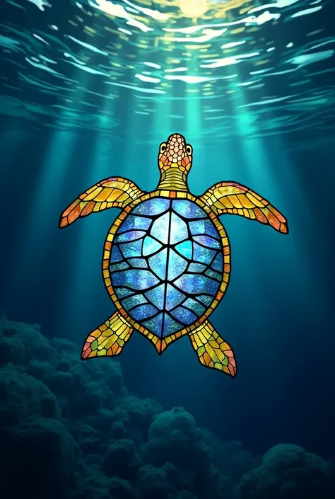 a glowing turtle underwater stained glass style art. Flowing water in the background.