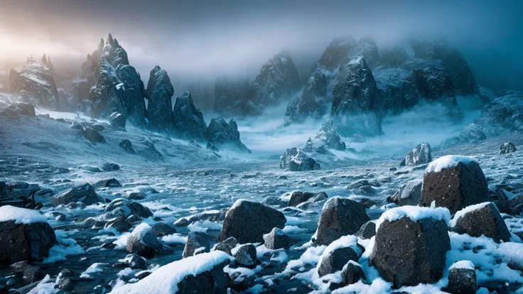 An icy wasteland with towering mountains and scattered stones, a distant castle enveloped in fog against a backdrop of mountains. In the middle ground, an army of skeletons slowly emerges from the dense fog, standing on a thin layer of melted ice. In the f...