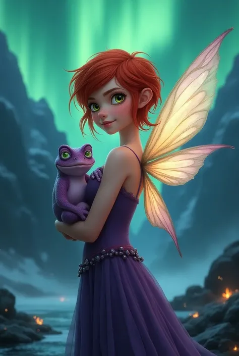 Redhaired, woman, fairy wings, frecles, green eyes, short hair, mouintain background with northern lights in the sky, holding a purple frog, dont show fingers