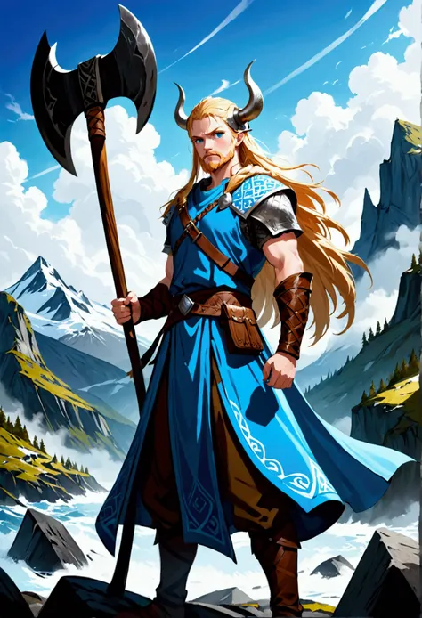 Create a fair-haired character with sky blue eyes with a Viking axe and Viking clothes