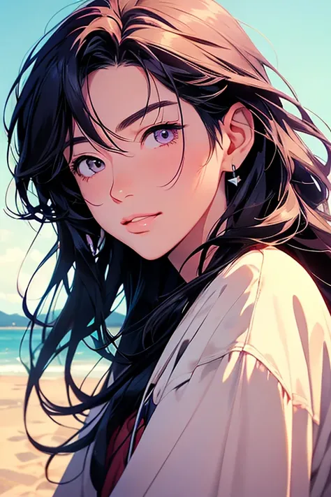 Mitsuki Takahata, 2D illustration, anime,   a fine art painting portrait, in manhwa style, Bishamon de Noragami, 1 girl, curly hair, long hair, Big hair,  bought a Pixie haircut , makeup, purple eyes, Dunes behind  , Dutch angle, beautiful,  high definitio...