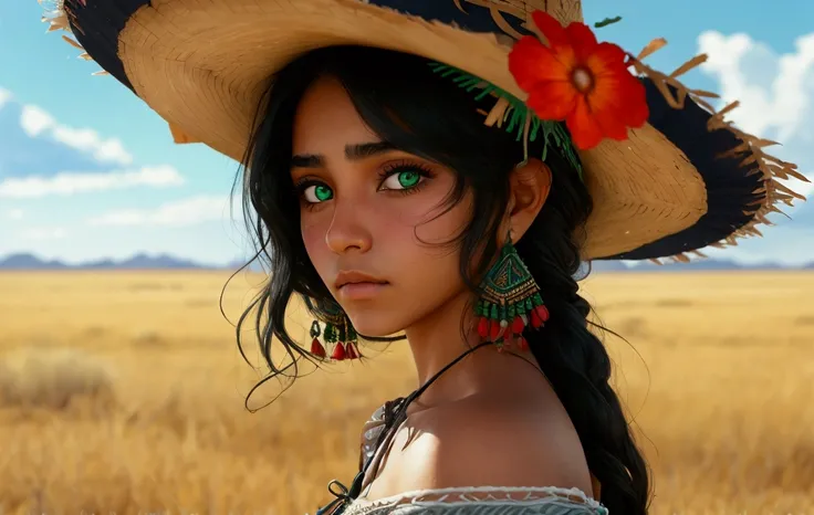 Mexican woman 18 years old ,  with black hair and green eyes  , high resolution - frontal face photo ,in the vast prairie of Mexico 