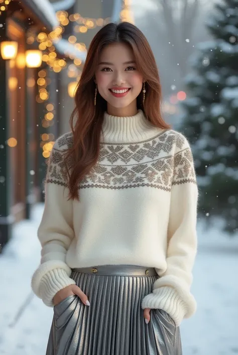 outfit with silver pleated skirt with white Christmas sweater


