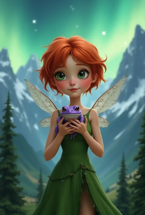 Redhaired, woman, fairy wings, frecles, green eyes, short hair, mouintain background with northern lights in the sky, holding a purple frog, dont show fingers, green outfit