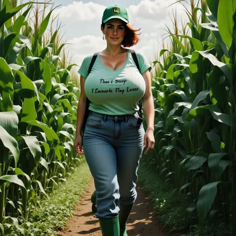 Photorealistic, cinematic style, low angle picture of a beautiful British woman walking in a cornfield between rows of tall corn. (Dynamic pose: 1.5), she is smiling. She has Brown eyes, downturned eye shape, light skin and freckles, reddish-brown hair. Sh...