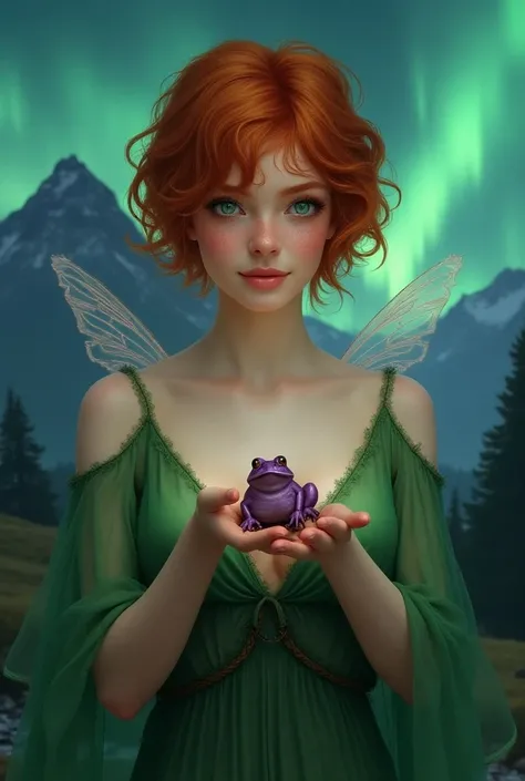 Redhaired, woman, fairy wings, frecles, green eyes, short hair, mouintain background with northern lights in the sky, holding a purple frog, dont show fingers, green outfit, realistic