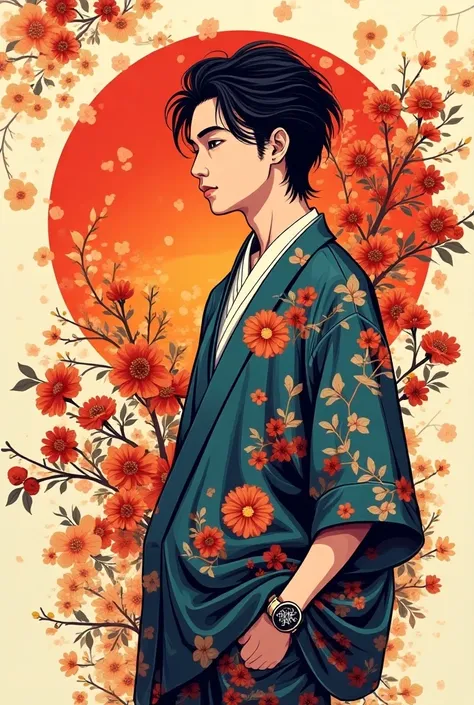 Japanese t-shirt design for men with warm colors and Japanese flowers