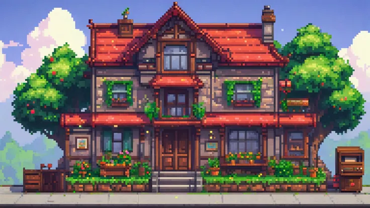 pixel art game house, front view, beautiful