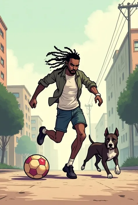 Homme avec des dreads, lance la balle a un bull terrier, mode BD pastel