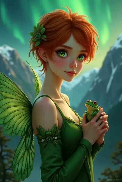 Redhaired, woman, fairy wings, frecles, green eyes, short hair, mouintain background with northern lights in the sky, holding a purple frog, green outfit, realistic