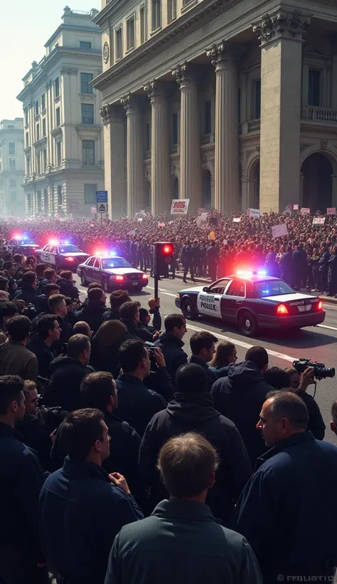 A large group of onlookers gathered around the police barricades outside the bank, some holding cameras, others with signs. Reporters are trying to push through to get closer, while police cars line the street.