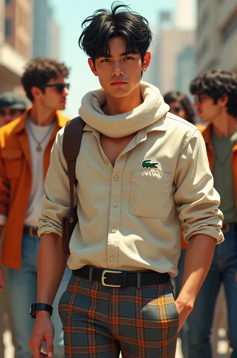 Medium build male with short black hair wearing an izod shirt with plaid pants with white sweater around the neck with other people from 1983 hipsters in the background 