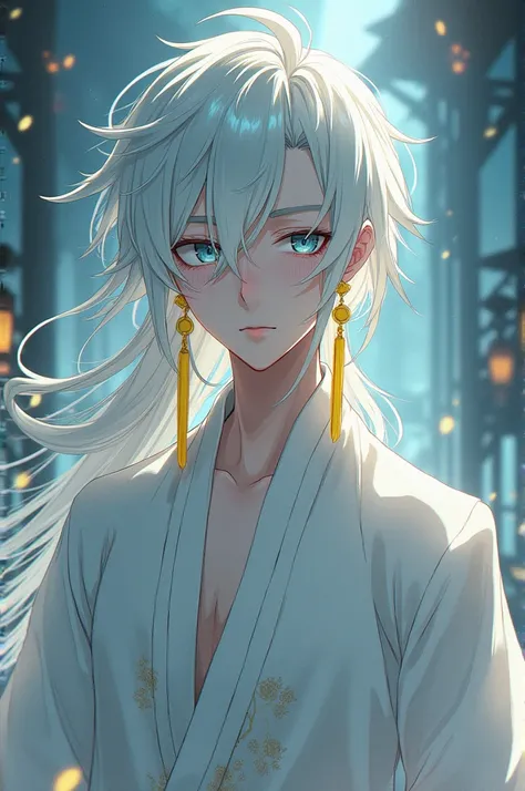 White Hair Man Right Eye Blind Red Right Eye Blue White Chinese Dress With Yellow Long Earrings Anime