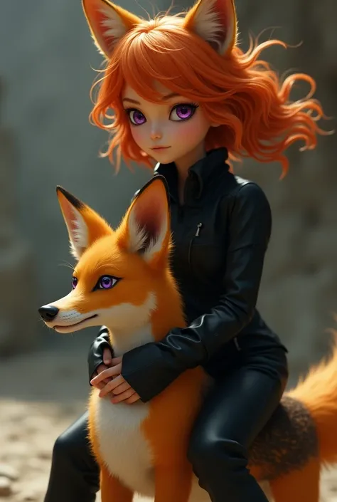 Young orange hair girl with purple eyes, on a Fennec. in black outfit.