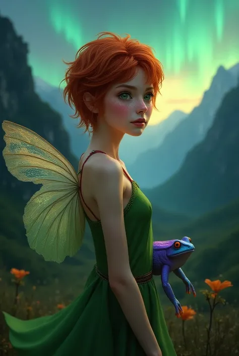 Redhaired, woman, fairy wings, frecles, green eyes, short hair, mouintain background with northern lights in the sky, purple frog, green outfit, realistic