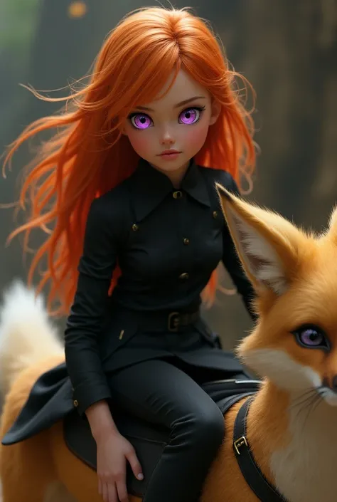 Young orange hair girl with purple eyes, on a Fennec. in black outfit.