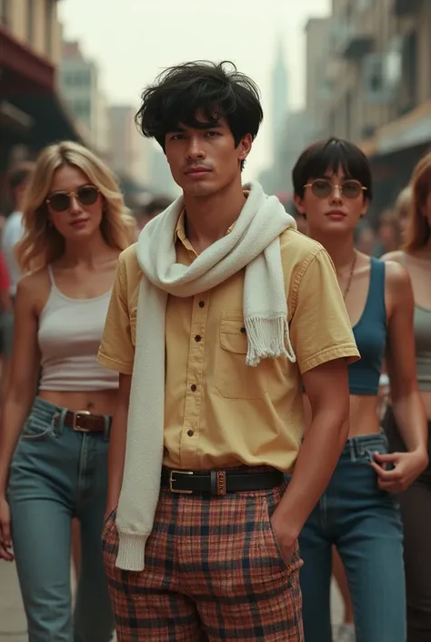 White 80s Medium build male with short black hair wearing an izod shirt with plaid pants with white sweater around the neck with other people from 1983 hipsters in the background 