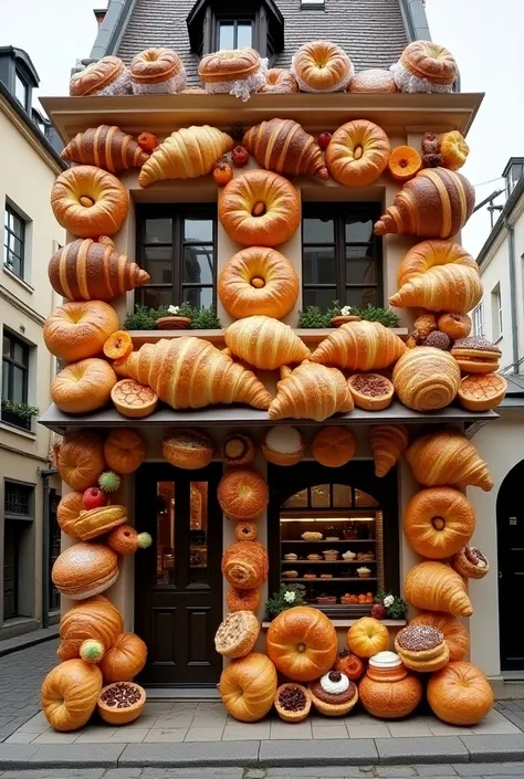 A photorealistic French bakery on a charming cobblestone street, with the entire exterior decorated in oversized, lifelike French pastries. The building is covered in golden, flaky croissants, along with a variety of other classic French treats like pain a...