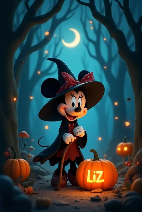 Image of Minnie Mouse disguised as a little witch with the name Liz engraved on a pumpkin and a dark forest background 