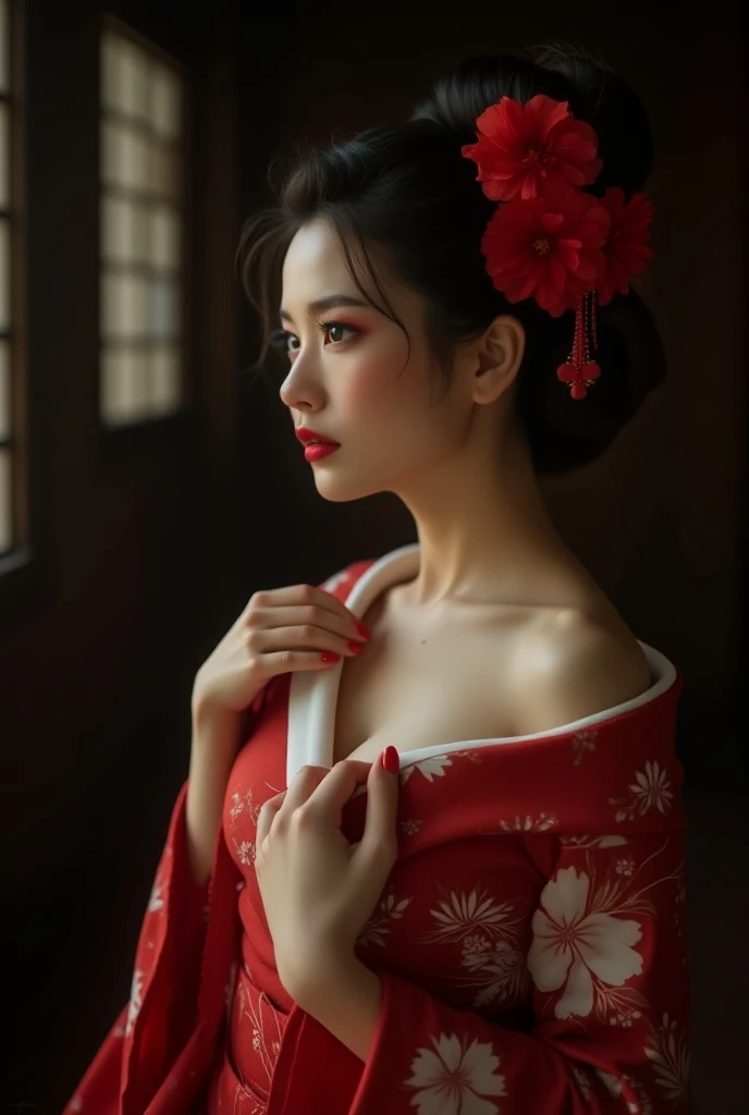 Lustful side profile of a sexy Japanese woman in her mid-20s, her red and white kimono draped to reveal her graceful neck and bare shoulders. The tight kimono clings to her form, accentuating her curves with bold red floral patterns enhancing her sensual b...