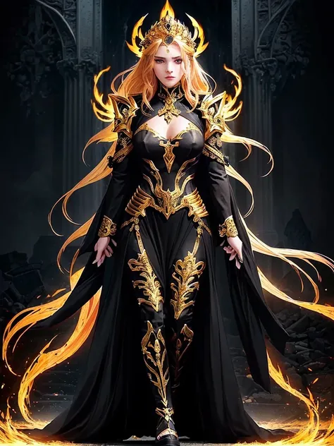 A low-angle shot of a powerful warrior woman with golden hair flowing behind her. She wears black, ornate armor with gold accents that glisten in the light. The blazing fires swirl around her, casting a fiery halo beneath her feet. She stands taller than t...