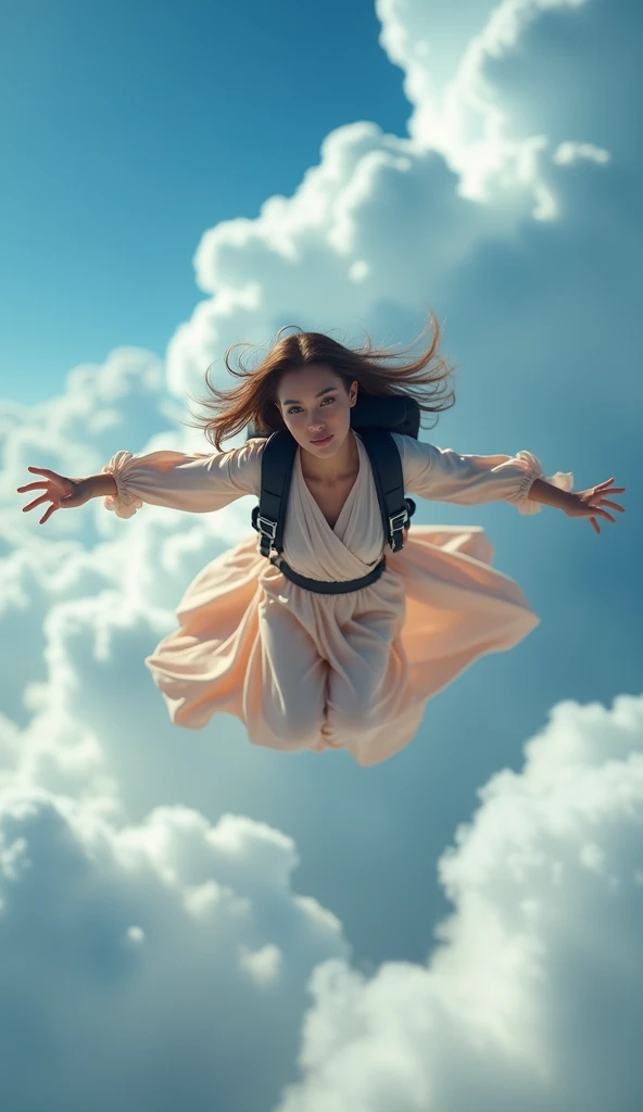 Masterpiece realistic Woman she wore a beautiful, wide, long dress, wearing a black parasuit bag on her back, Looking at the camera underneath him while stretching out his hands, a woman flying in the sky, blue sky and white clouds, with crisp 4k resolutio...