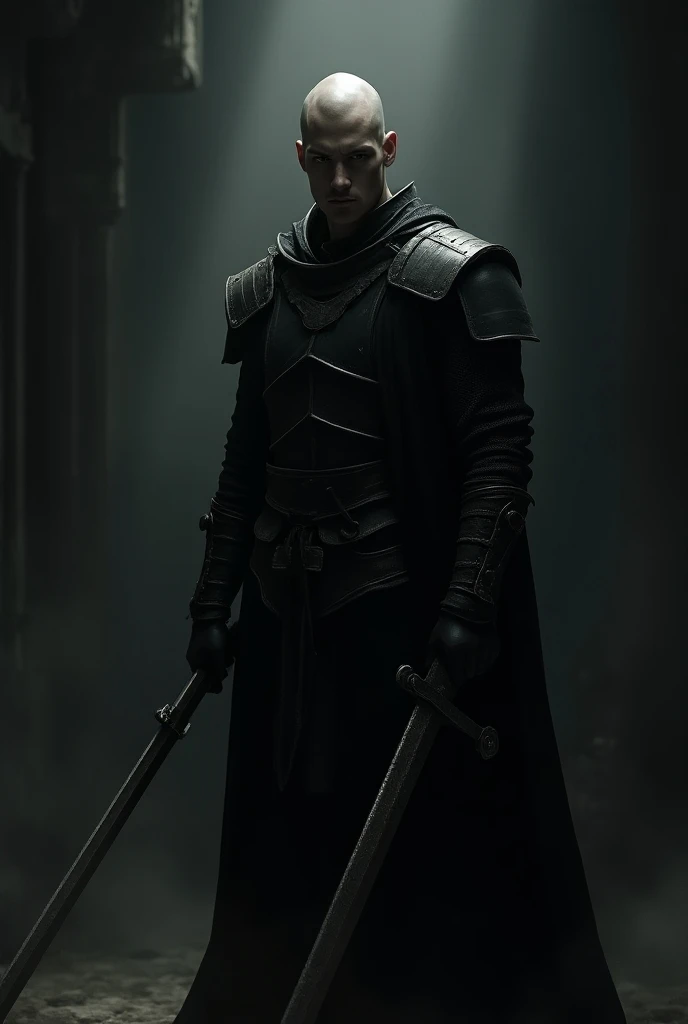 best illustration), 8k, intricate details, best quality, ultra detailed, best ilumination, best shadows, Ultra HD | | |, YOUNG MALE, bald, black medieval clothing, light armor, in a room with sinister lighting