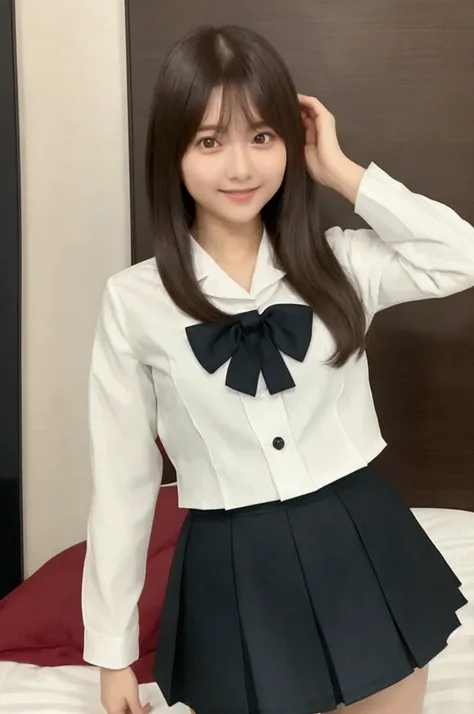 Gravure idol pose　Hotel　bed　uniform　 white shirt　High image quality　Not too small bust　Black Mini Skirt　Shorten your skirt 　Beautiful legs　Beautiful Hair　Height: 167cm　smile
