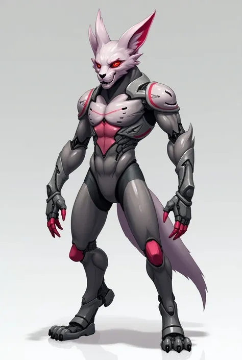 Um stand de Jojo bizzare adventures,  who looks like Blade Wolf from Metal Gear Rising, without being robotic, misturado com Crazy diamond de Jojo e com o persian de pokémon,  its main colors are gray and pink , He is a quadruped 
