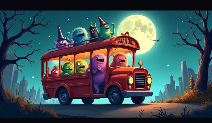 The monsters on the bus go in night. Halloween animation cartoon