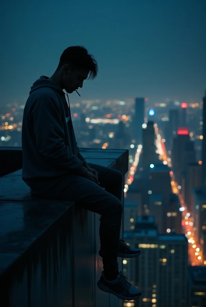 A man sitting in Nike clothes on the edge of the building smoking bonnet thinking about the many dreams she wants and the sky is dark but powerful and bright city with many lights